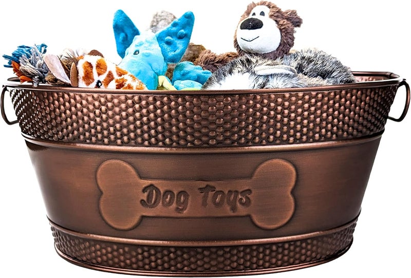 BREKX Indestructible Metal Dog Toy Bin - Copper Galvanized Storage Bin with Handles, Pet Storage Organizer - Ropes, Blankets, & Leashes, Bone Design Pet Toy Box (15-Quart) - Image 1
